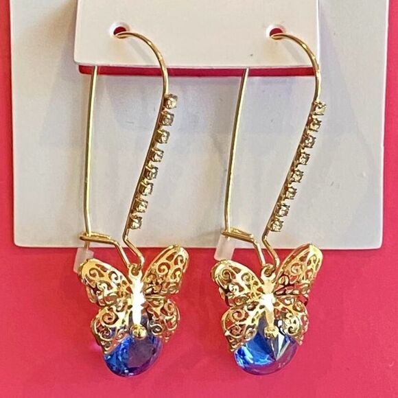 Betsey Johnson Blue Crystal Butterfly Drop Earrings – Sparkling Statement NWT - Picture 2 of 4
